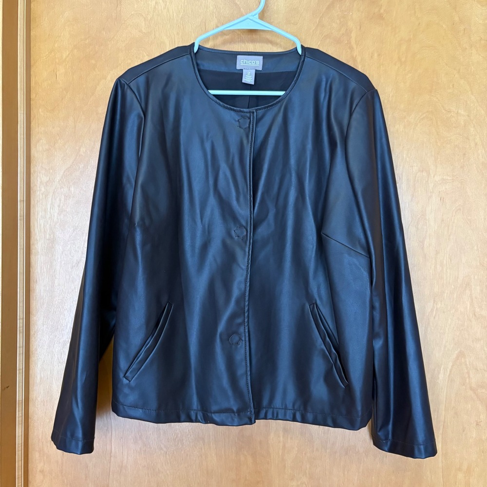 Chico's Faux Leather Jacket Women Size 2 Black Collarless Snap Front‎ 570023417